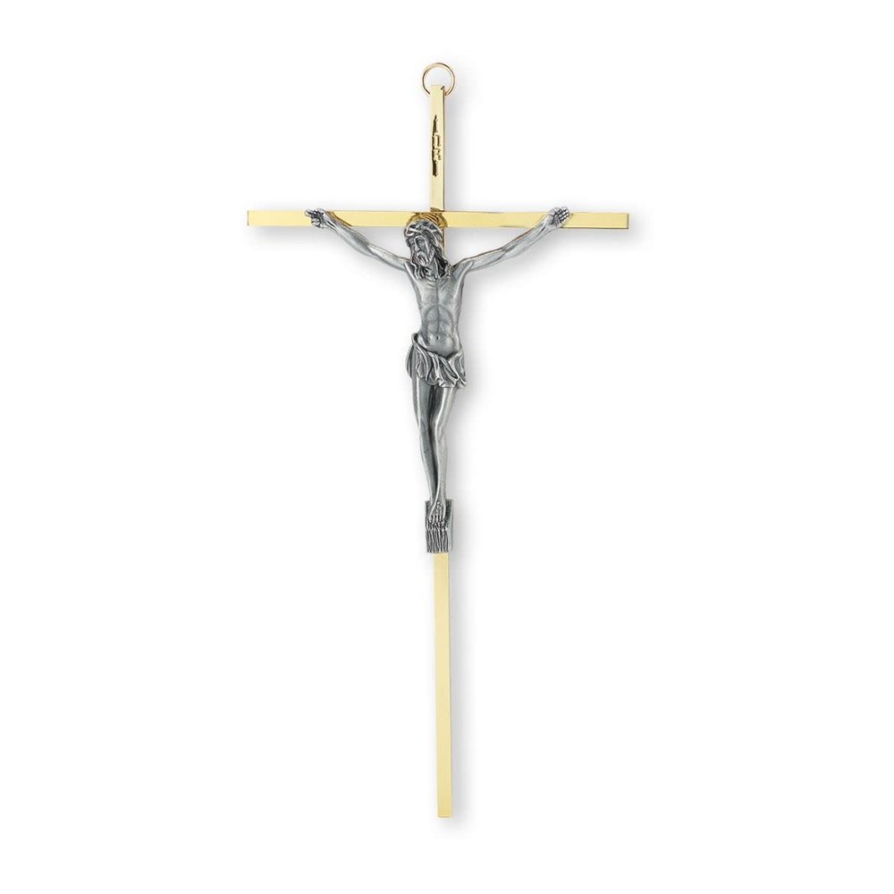 10" Brass Plated Metal Cross with Antiqued Silver Plated Corpus
