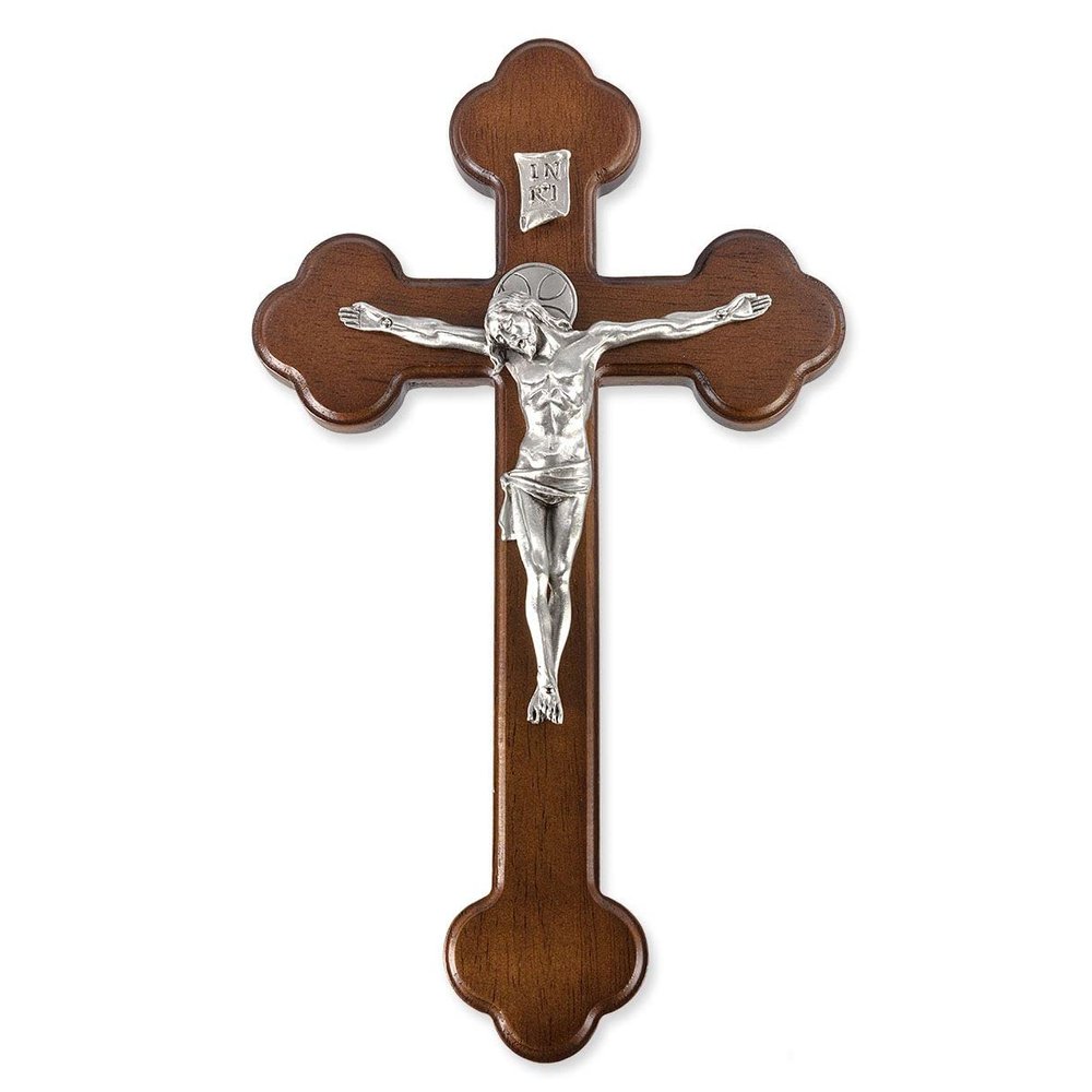 10" Latin Walnut Cross with Genuine Pewter Corpus with Halo