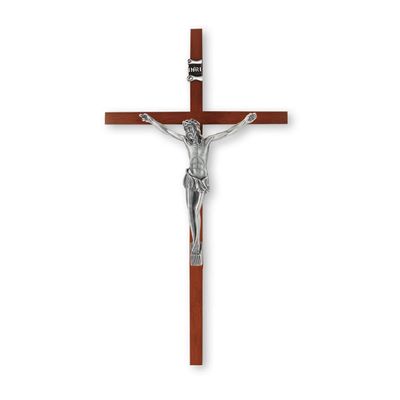 10" Wood Crucifix with Silver Corpus Gift Boxed