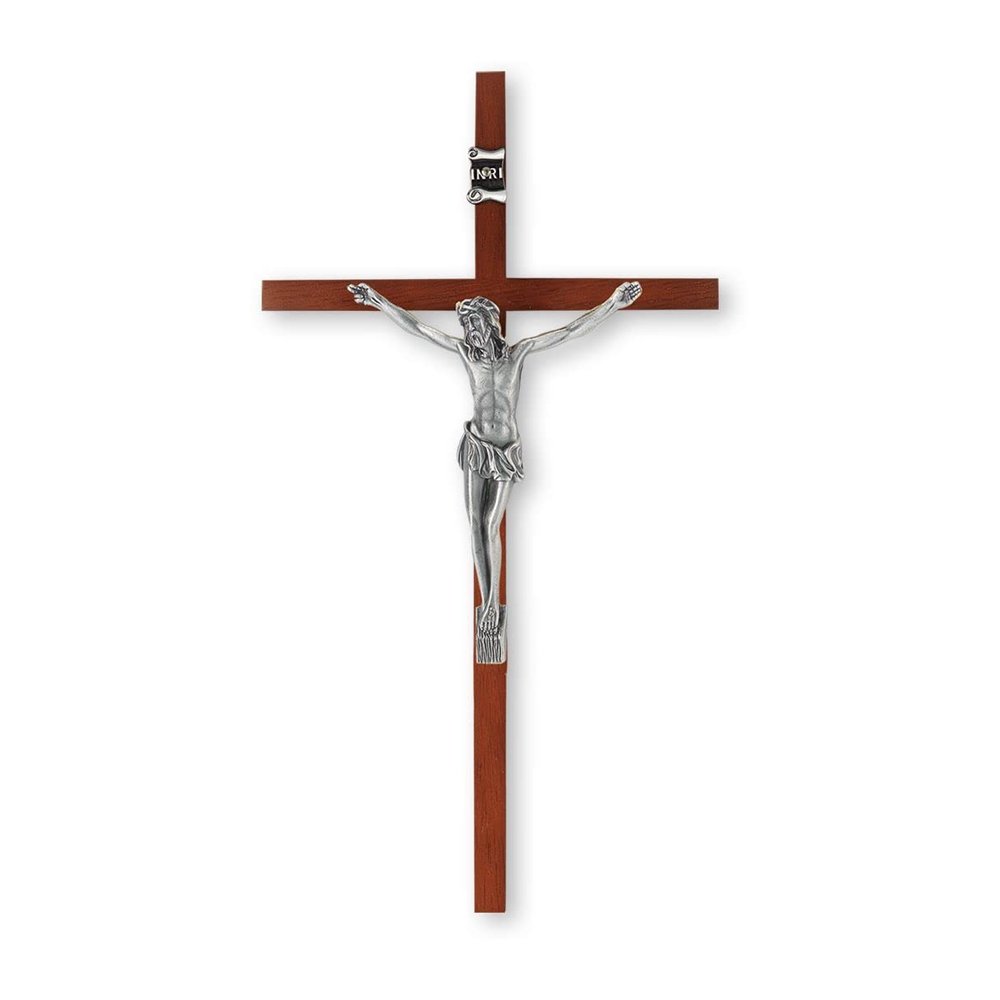 10" Wood Crucifix with Silver Corpus Gift Boxed