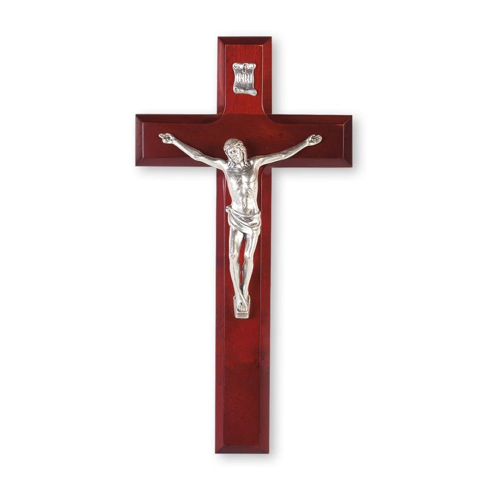 10" Dark Cherry Wood Cross with Silver Corpus