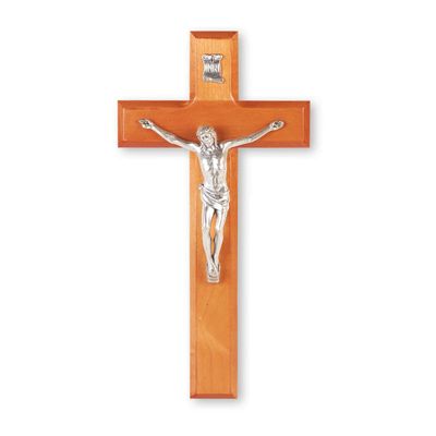 10" Cherry Wood Cross with Silver Corpus