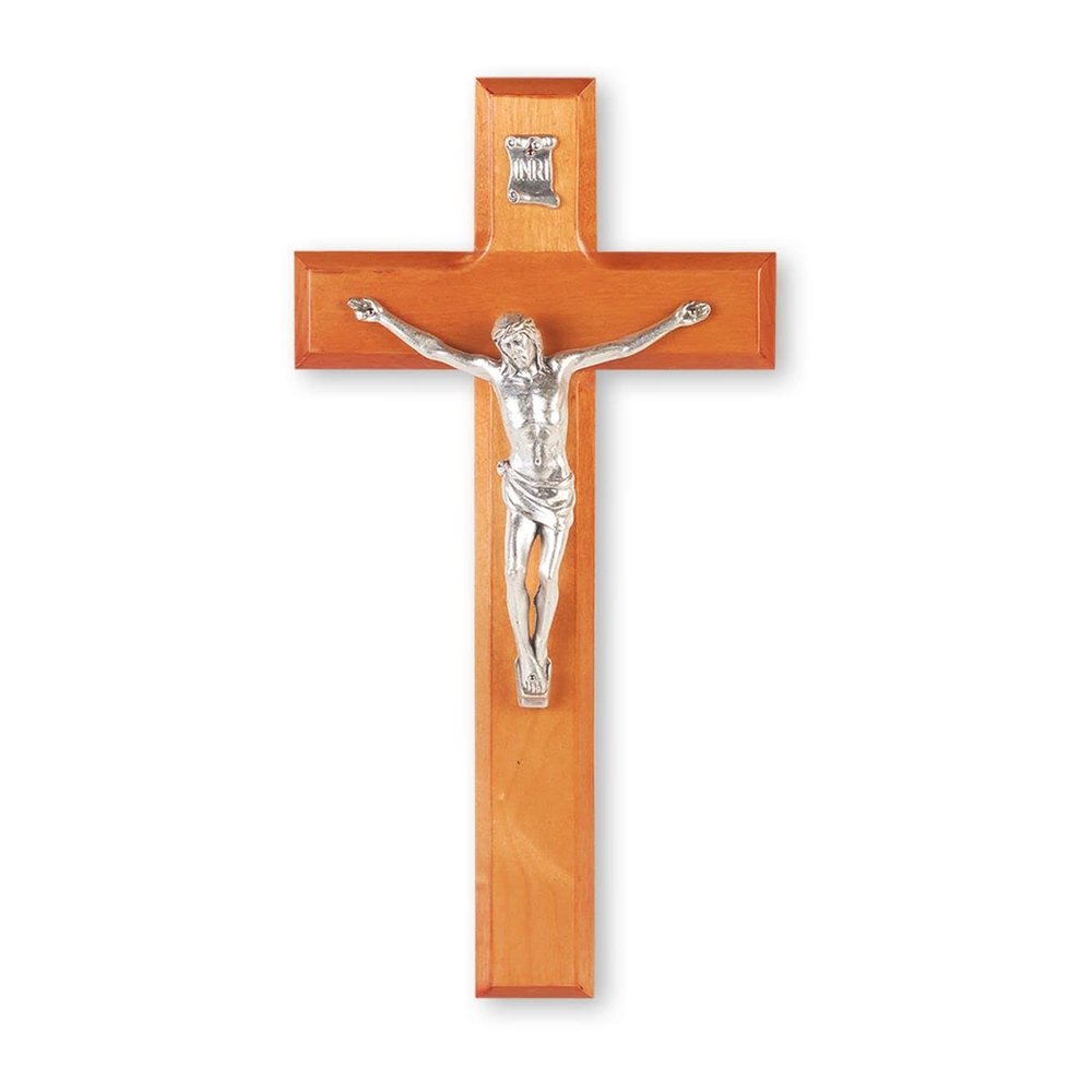 10" Cherry Wood Cross with Silver Corpus