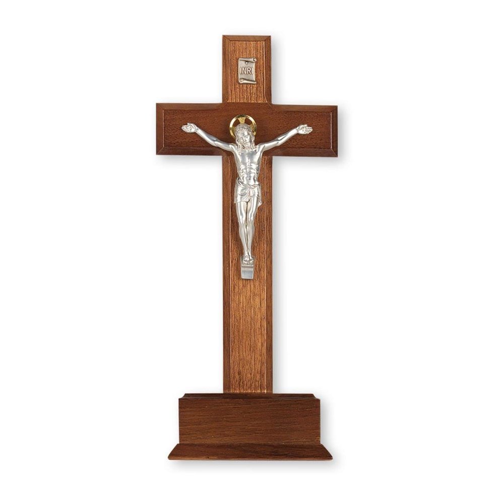 10" Walnut Standing Crucifix W/Salerni Silver Corpus
