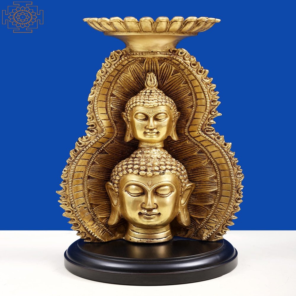 11" Double Face Buddha with Candle Holder on Wooden Base - Brass