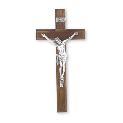 12" Walnut Wood Cross with Pewter Corpus