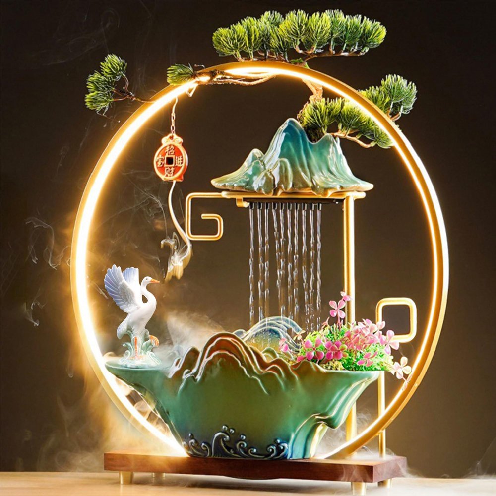 Ceramic Maitreya Buddha Incense Burner, Waterfall Lotus LED Light Ring Backflow Aromatherapy Ornament, with Incense Cones for Home Office Decor for Relaxation Yoga Gift (Crane-2)