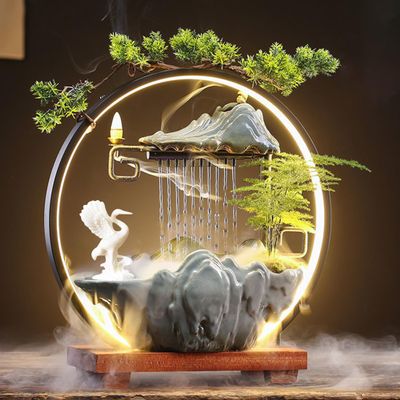 Bnhcoe Crane Tabletop Fountain Indoor Waterfall Fountain Office Tabletop Water Fountain with Lights Backflow Incense Burner Ceramic Indoor Zen Decor for Home Office Yoga Meditation(Crane)
