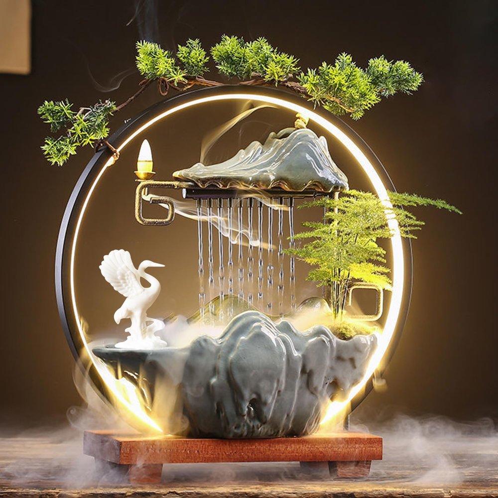 Bnhcoe Crane Tabletop Fountain Indoor Waterfall Fountain Office Tabletop Water Fountain with Lights Backflow Incense Burner Ceramic Indoor Zen Decor for Home Office Yoga Meditation(Crane)
