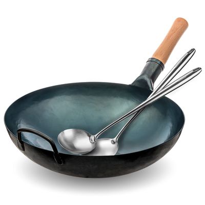 YOSUKATA Blue Round Bottom Wok Pan  14" Woks and Stir Fry Pans + 17 Wok Spatula and Ladle - Set of 2 Heat-Resistant Wok Tools