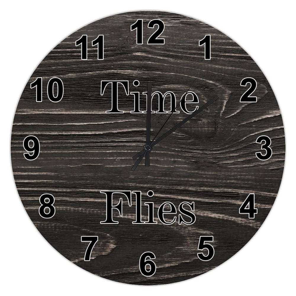 UFunhome Round Wooden Clock for Living Room/Office/Home/Kitchen Time Flies Clock Retro Wood Grain Battery Operated Non Ticking Silent Wooden Clock Easy to Read Retirement Gift 10-Inch