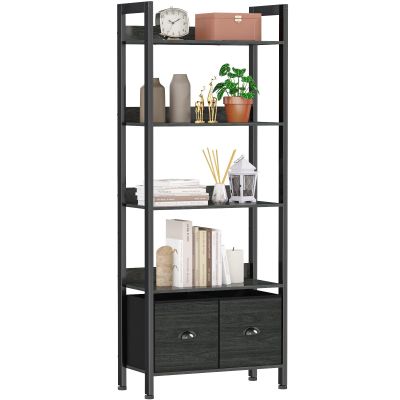 Furologee 5-Tier Bookshelf, Tall Bookcase with 2 Storage Drawers, Industrial Display Standing Shelf Units, Wood and Metal Storage Shelf for Living Room, Bedroom, Home Office, Black Oak