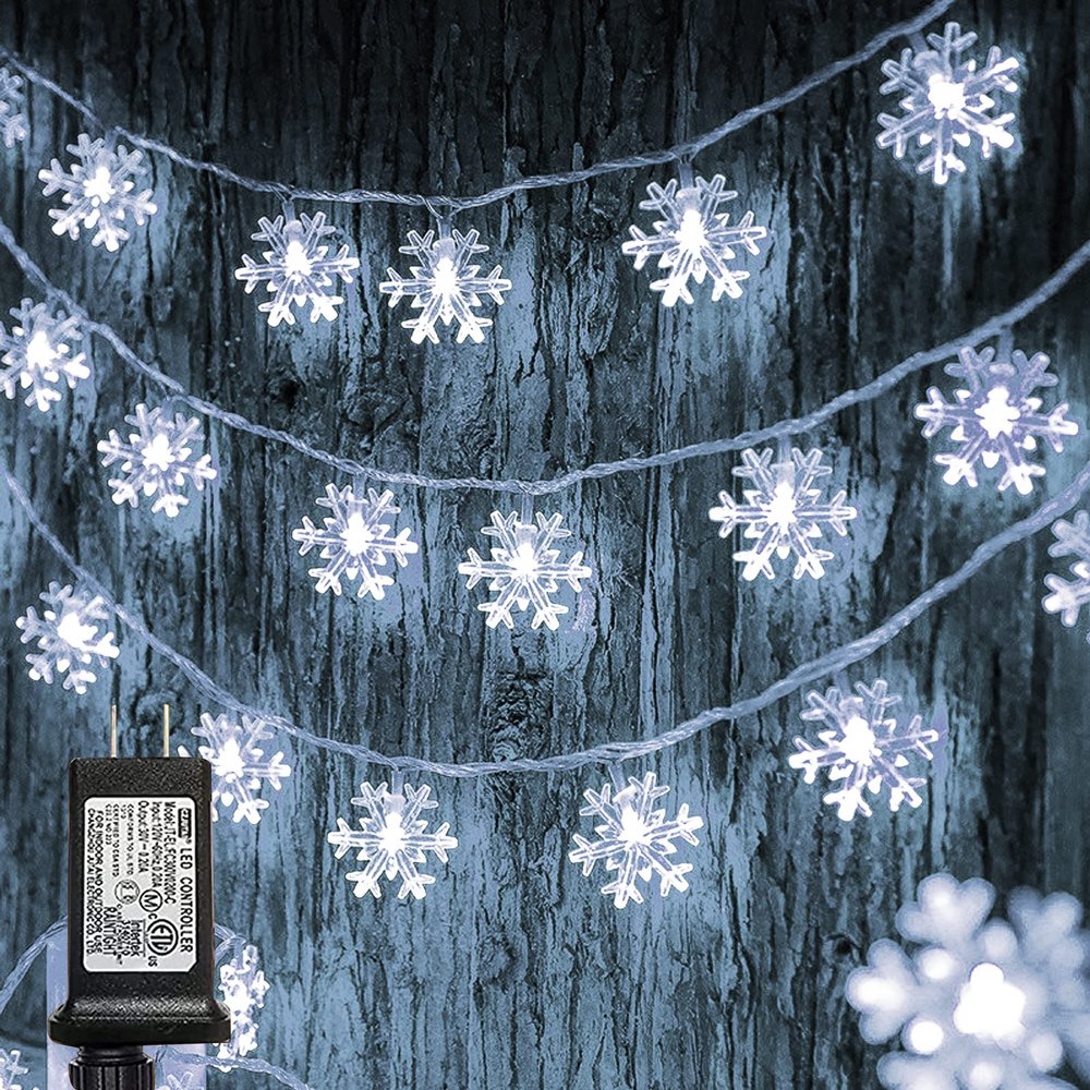 Dazzle Bright Christmas Snowflakes String Lights, 100 LED 49FT Waterproof Christmas Lights Plug in with 8 Modes for Indoor Outdoor Holiday Wedding Party Xmas Tree Garden Decorations (White)