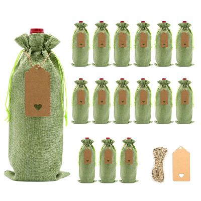 DIWNELEM 16 Pack Burlap Wine Bags With Drawstring - Jute Gift Bags for Tasting Party, Christmas, Wedding, Travel, Birthday, Holiday (Green)