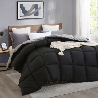 1 Piece 100% Egyptian Cotton with 1000 Thread Count Reversible Down Alternative Comforter Black/Dark Grey - Corner Duvet Tabs  King/Cal-King Size (94104 Inch)