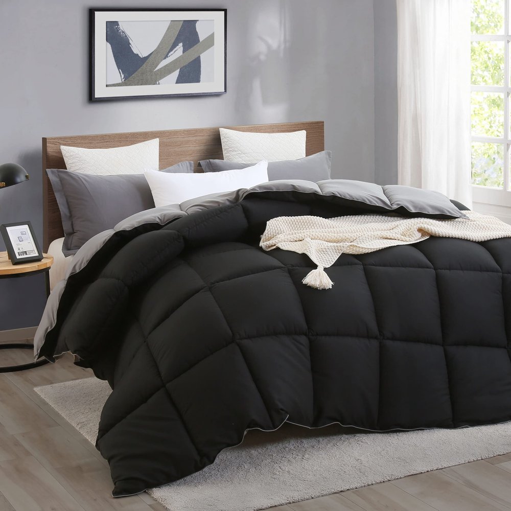 1 Piece 100% Egyptian Cotton with 1000 Thread Count Reversible Down Alternative Comforter Black/Dark Grey - Corner Duvet Tabs King/Cal-King Size (94104 Inch)