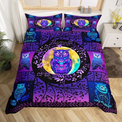 Castle Fairy Cute Owl Bedding Set,Purple Pink Duvet Cover for Kids Teen Boys Girls,Colorful Owl Comforter Cover Decorative Room,Cartoon Animals Quilt Cover with 2 Pillowcases,King Size(No Comforter)