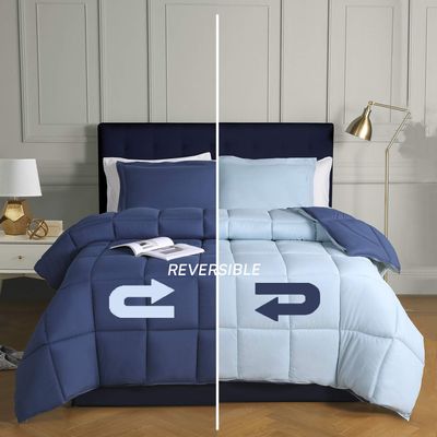 3 Piece 100% Egyptian Cotton with 1000 Thread Count Reversible Down Alternative Comforter Set Navy/Light Blue - Corner Duvet Tabs King/Cal-King Size (94104 Inch)