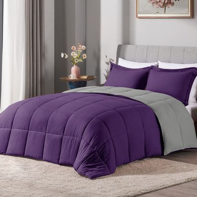 5 Piece 100% Egyptian Cotton with 1000 Thread Count Reversible Down Alternative Comforter Set Purple/Dark Grey- Corner Duvet Tabs Super King Size (98116 Inch)
