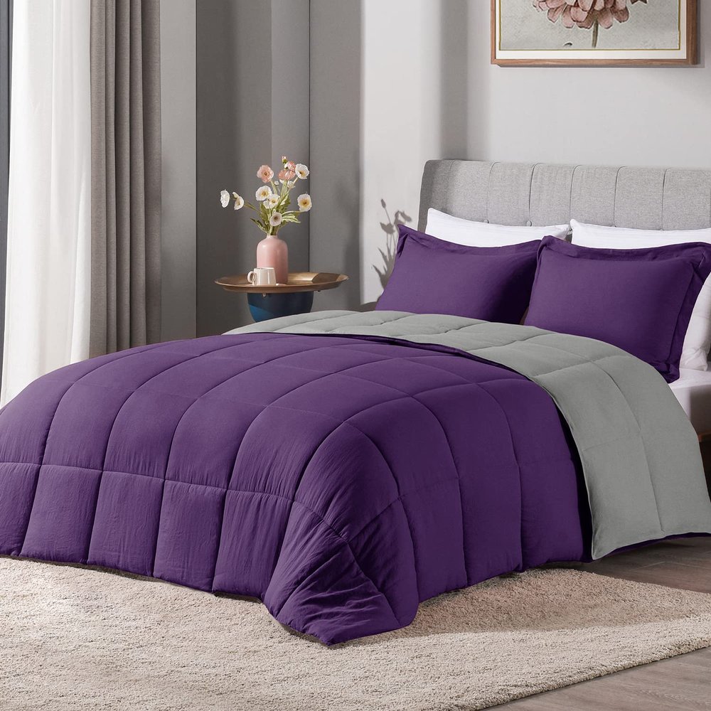 5 Piece 100% Egyptian Cotton with 1000 Thread Count Reversible Down Alternative Comforter Set Purple/Dark Grey- Corner Duvet Tabs Super King Size (98116 Inch)