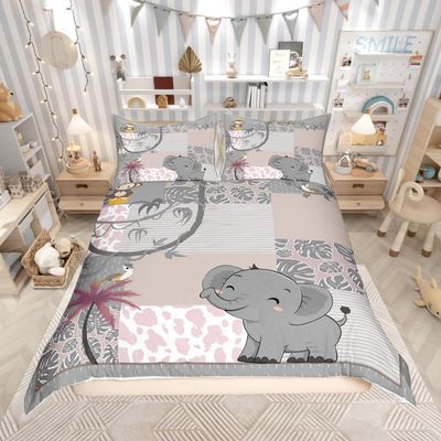 Cute Elephant Duvet Cover Cartoon Animals Bedding Set Tropical Leaves Comforter Cover for Boys Girls Kids Room Decor Kawaii Koala Lightweight Bedspread Cover Twin Size with 1 Pillow Case(No Comforter)