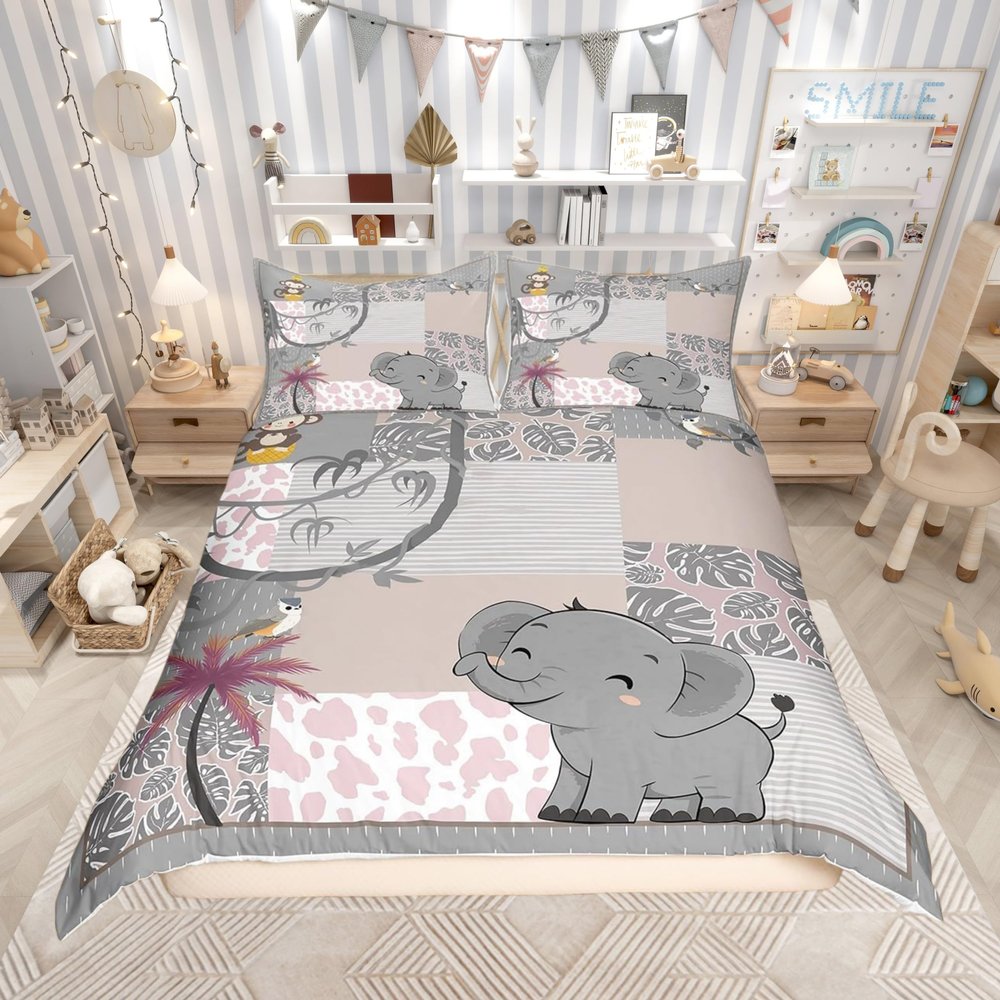 Cute Elephant Duvet Cover Cartoon Animals Bedding Set Tropical Leaves Comforter Cover for Boys Girls Kids Room Decor Kawaii Koala Lightweight Bedspread Cover Twin Size with 1 Pillow Case(No Comforter)