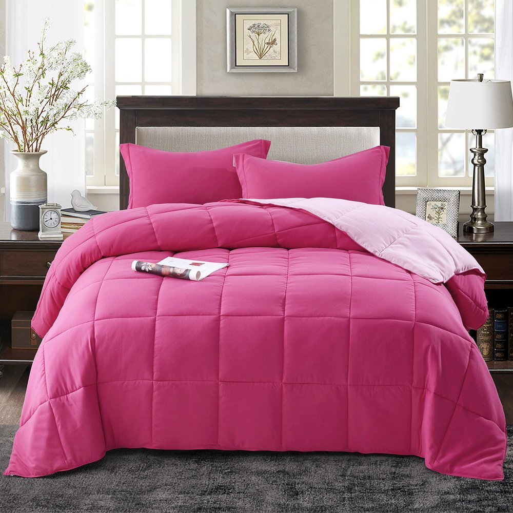 5 Piece 100% Egyptian Cotton with 1000 Thread Count Reversible Down Alternative Comforter Set Hot Pink/Light Pink- Corner Duvet Tabs  Super King Size (98116 Inch)