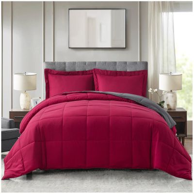 5 Piece 100% Egyptian Cotton with 1000 Thread Count Reversible Down Alternative Comforter Set Red/Dark Grey- Corner Duvet Tabs  Oversized Super King Size (98120 Inch)