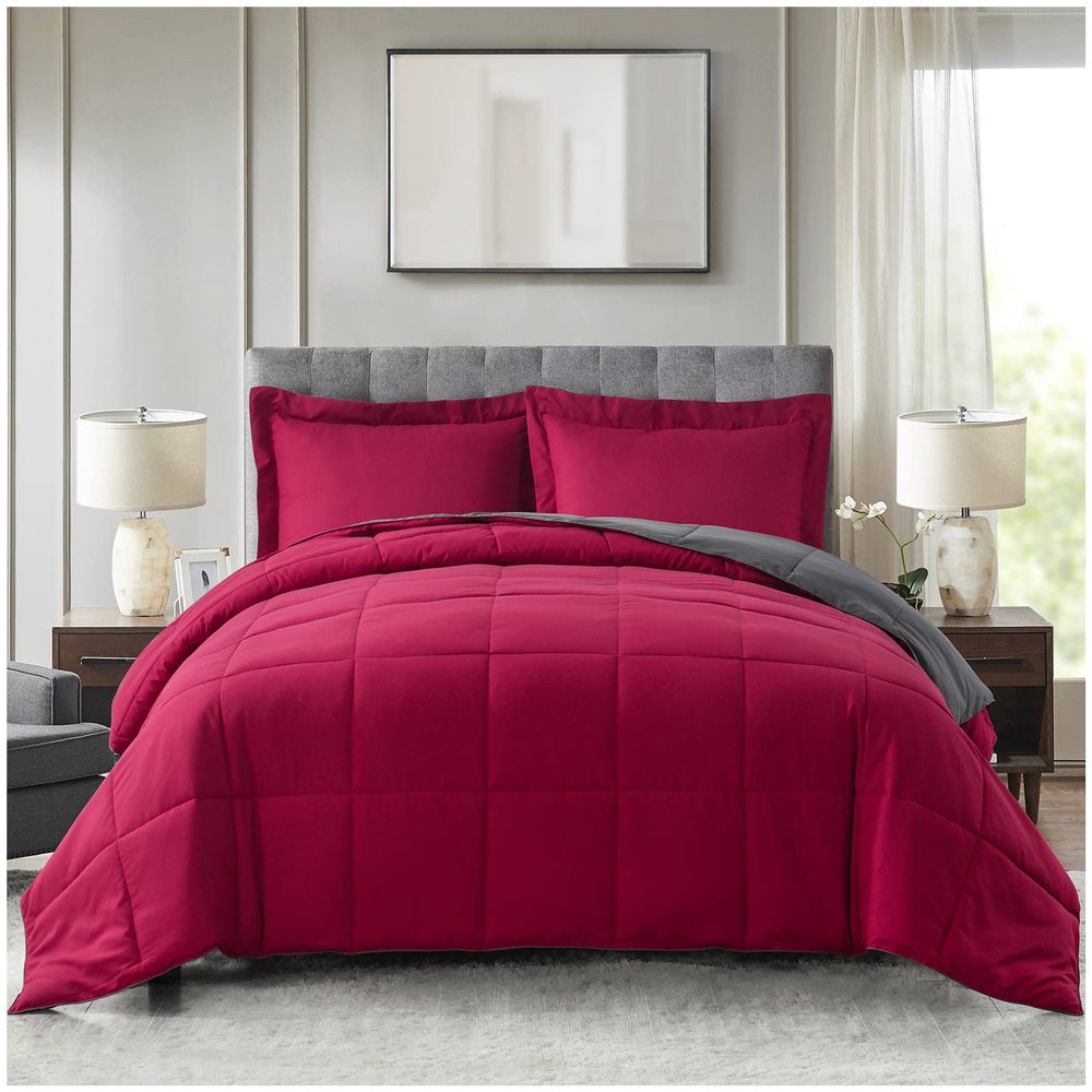 5 Piece 100% Egyptian Cotton with 1000 Thread Count Reversible Down Alternative Comforter Set Red/Dark Grey- Corner Duvet Tabs  Oversized Super King Size (98120 Inch)