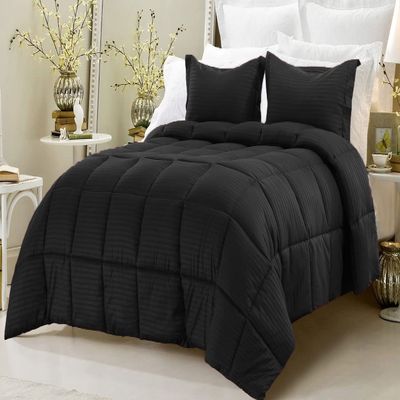 100% Egyptian Cotton 3 PCS Stripe Comforter Set-Goose Down Feather Fill 500 GSM-Box Stitched Classic Duvet Insert With 2 Pillow Shams Winter Warm Black Stripe-Twin/Twin XL Size Soft Blanket
