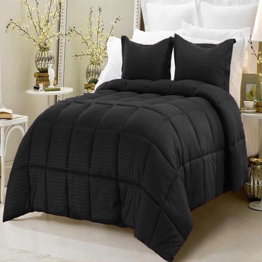 100% Egyptian Cotton 3 PCS Stripe Comforter Set-Goose Down Feather Fill 500 GSM-Box Stitched Classic Duvet Insert With 2 Pillow Shams Winter Warm Black Stripe-Twin/Twin XL Size Soft Blanket
