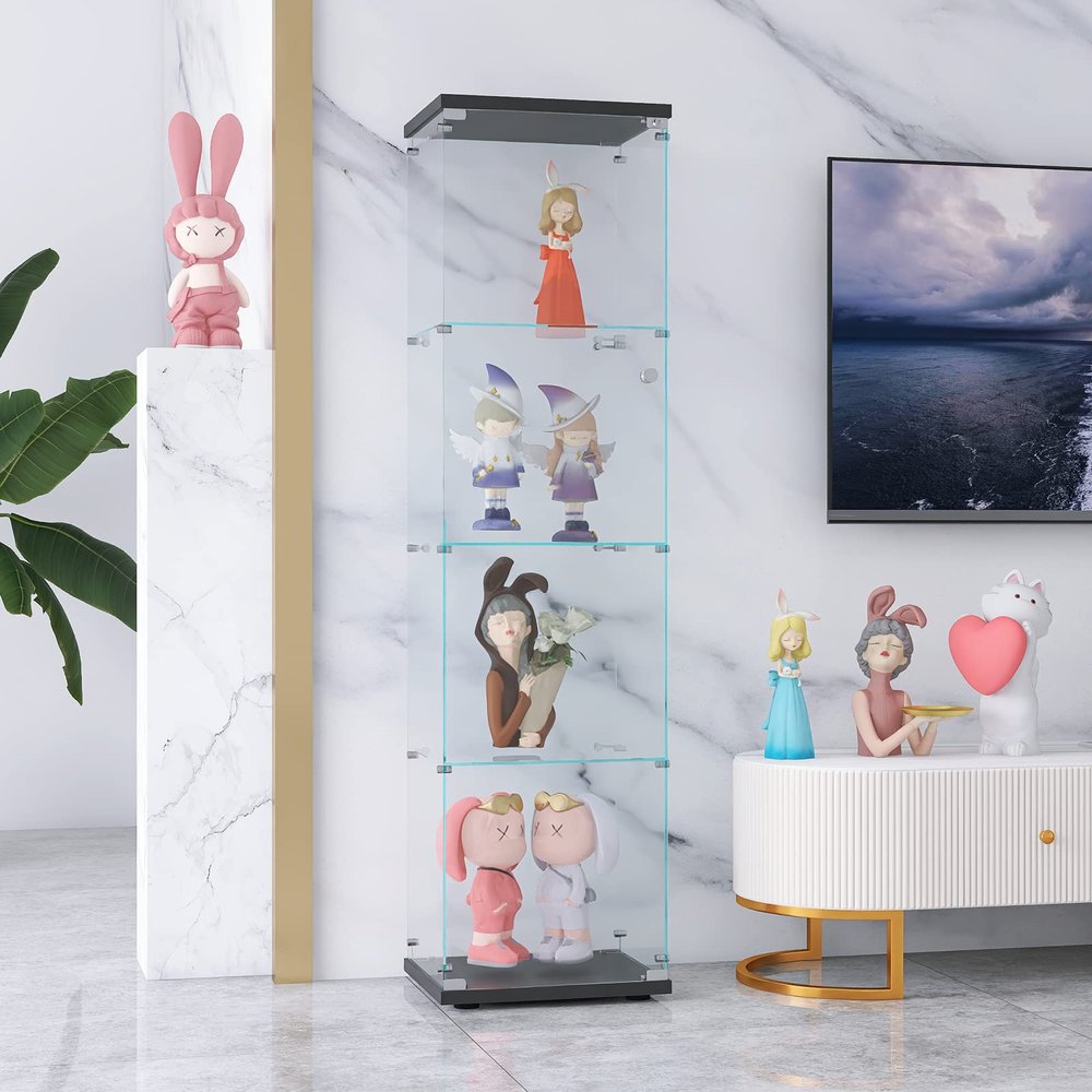 Glass Display Cabinet with Doors 4 Shelves Display Cabinet with Handles,Locks & Anti-tipping Device Glass Curio Cabinet Bookshelf for Display Collections Floor Standing Bookshelf for Living Room