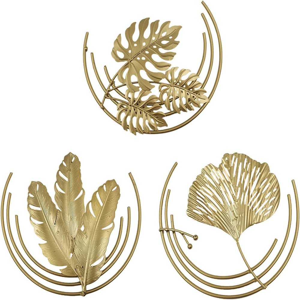 3pcs Ginkgo Leaf Sculpture Metal Wall Mounted Leaves Shape Ornament for Home Office Living Room Decorations - A