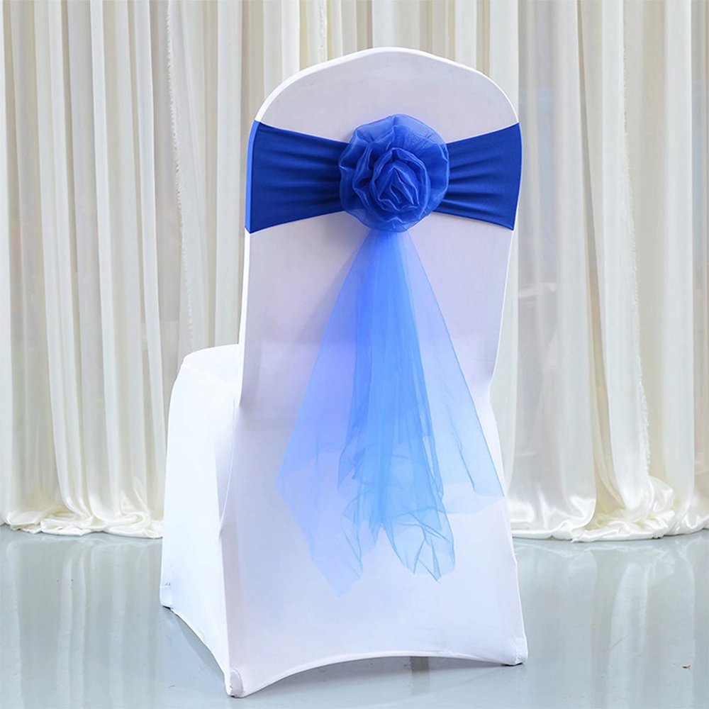 Pack of 50 Flower Chair Belt Spandex Stretch Chair Sashes Organza Ribbon Floral for Wedding Party Birthday Party Dance Party Celebration Chair Decoration Jewel Blue