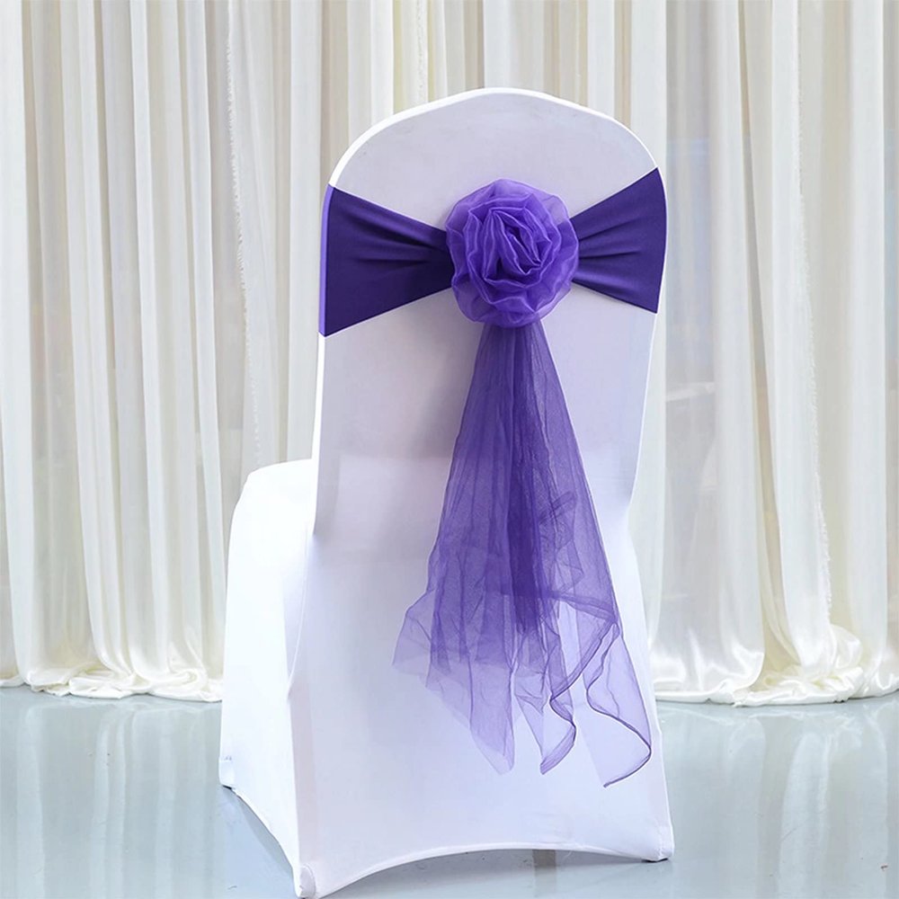 Pack of 12 Flower Chair Belt Spandex Stretch Chair Sashes Organza Ribbon Floral for Wedding Party Birthday Party Dance Party Celebration Chair Decoration Dark Purple