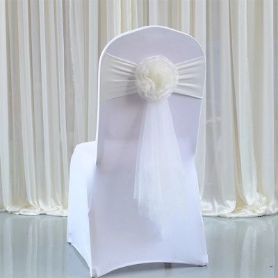 Pack of 20 Flower Chair Belt Spandex Stretch Chair Sashes Organza Ribbon Floral for Wedding Party Birthday Party Dance Party Celebration Chair Decoration Milk White