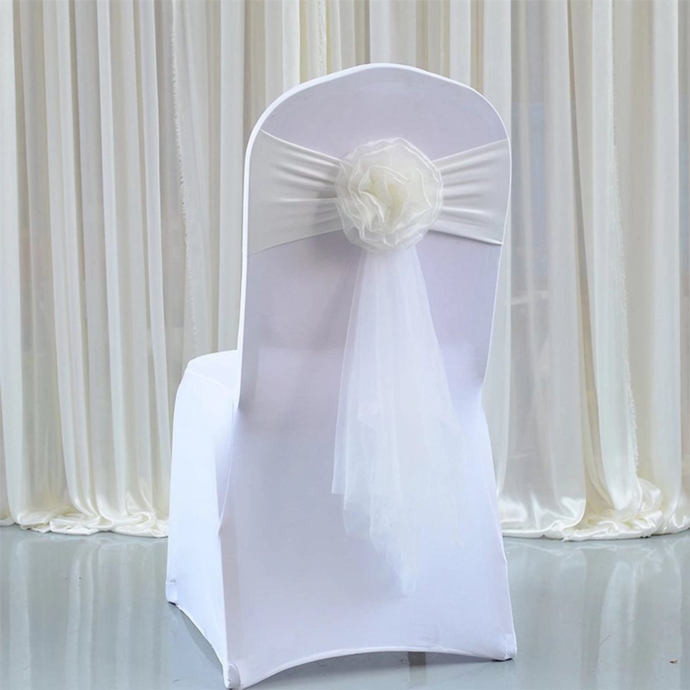 Pack of 20 Flower Chair Belt Spandex Stretch Chair Sashes Organza Ribbon Floral for Wedding Party Birthday Party Dance Party Celebration Chair Decoration Milk White