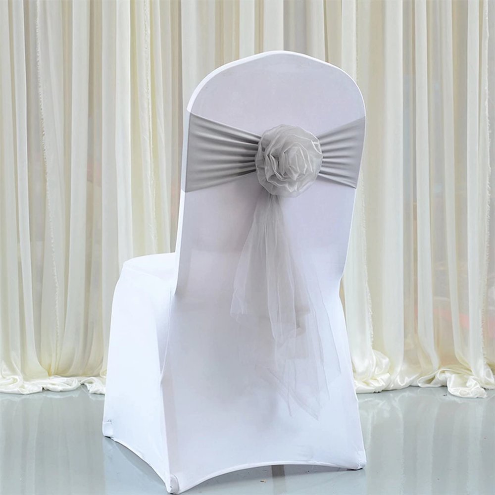 Pack of 50 Flower Chair Belt Spandex Stretch Chair Sashes Organza Ribbon Floral for Wedding Party Birthday Party Dance Party Celebration Chair Decoration Silver