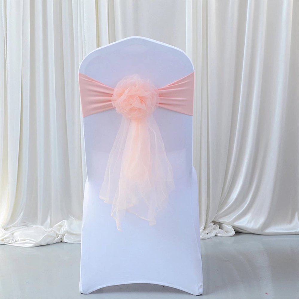 Pack of 50 Flower Chair Belt Spandex Stretch Chair Sashes Organza Ribbon Floral for Wedding Party Birthday Party Dance Party Celebration Chair Decoration Peach Pink