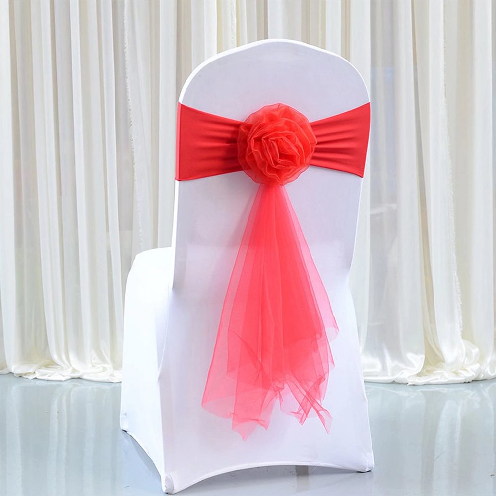 Pack of 20 Flower Chair Belt Spandex Stretch Chair Sashes Organza Ribbon Floral for Wedding Party Birthday Party Dance Party Celebration Chair Decoration Red