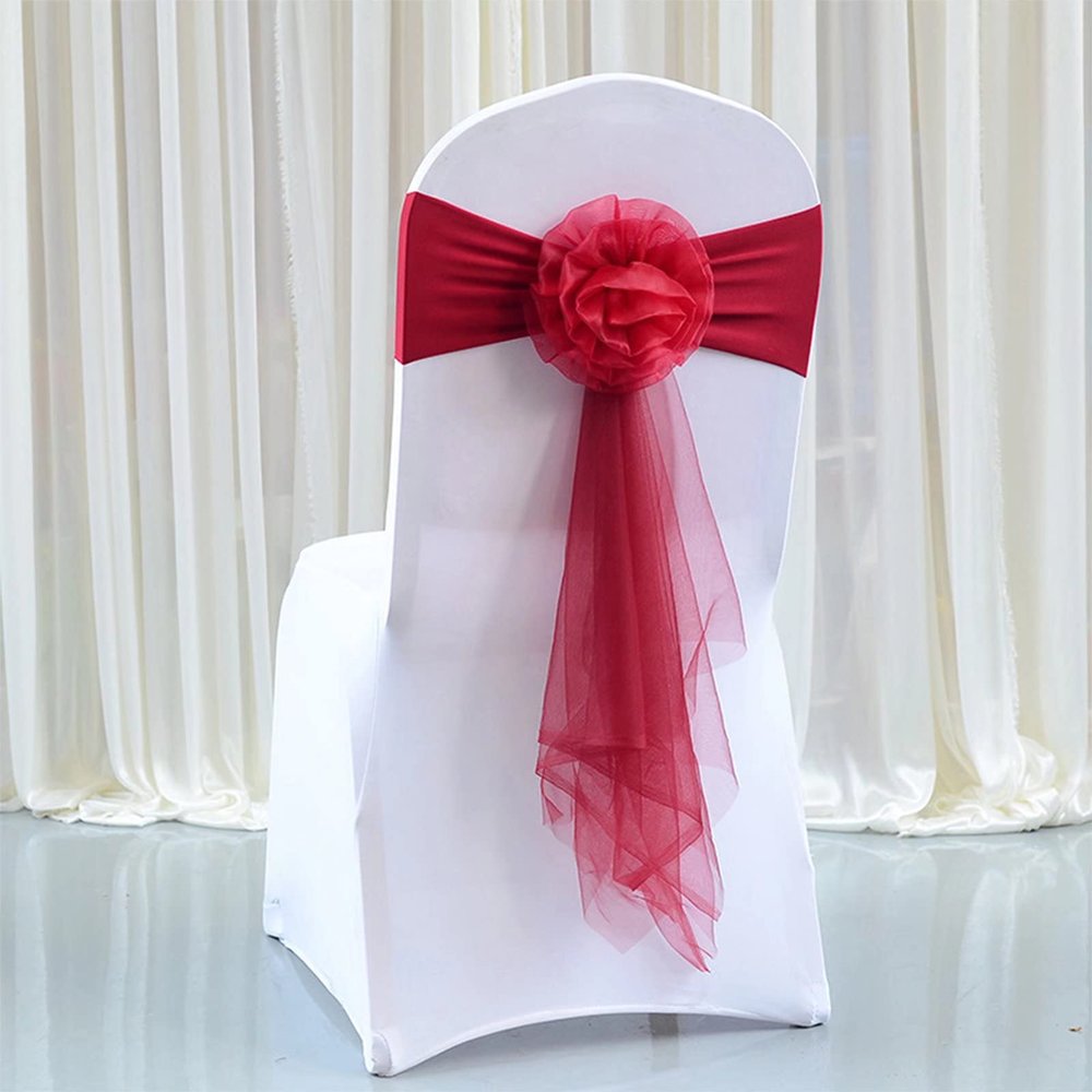 Pack of 12 Flower Chair Belt Spandex Stretch Chair Sashes Organza Ribbon Floral for Wedding Party Birthday Party Dance Party Celebration Chair Decoration Burgundy