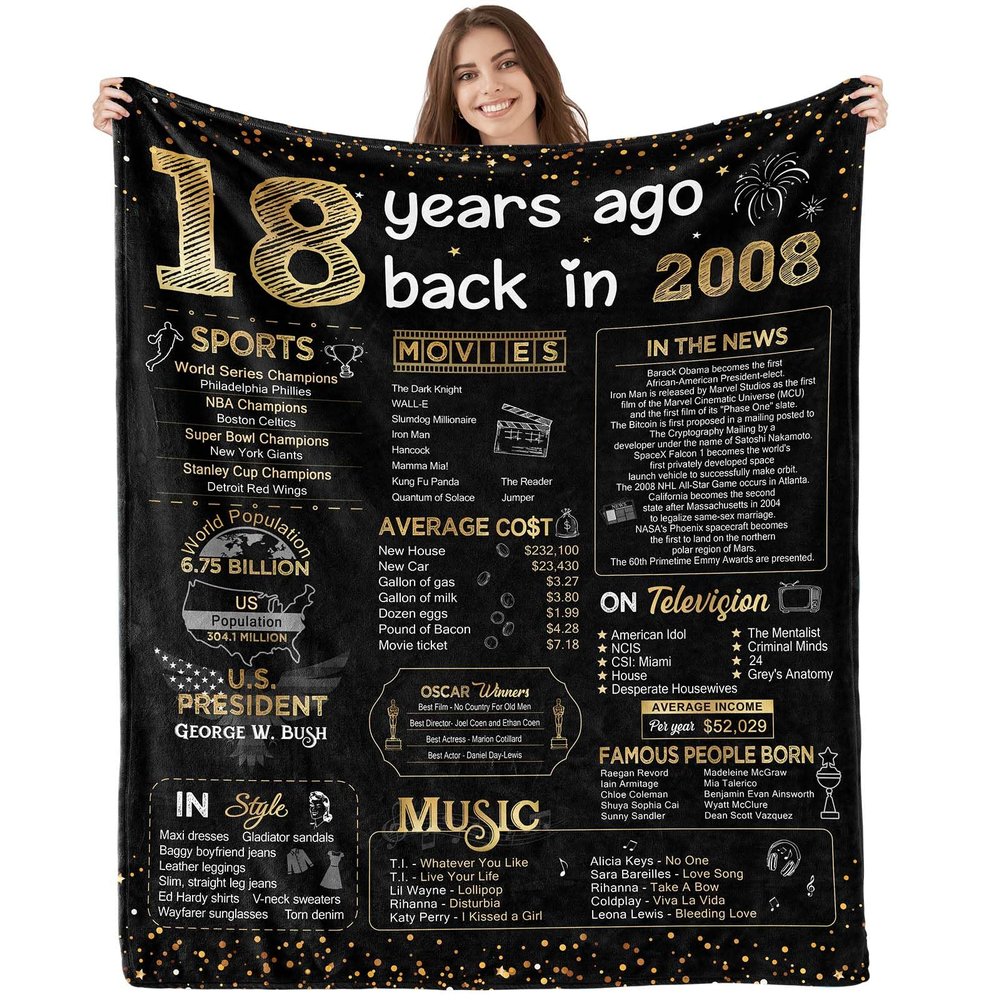 18th Birthday Decorations for Girls Boys Happy Birthday Gifts for 18 Year Old Girls Boys Teen Girls Gifts Ideas for Daughter Sons Sister Bestie Soft Throw Blanket Back in 2008-60x50 Inch - Gold