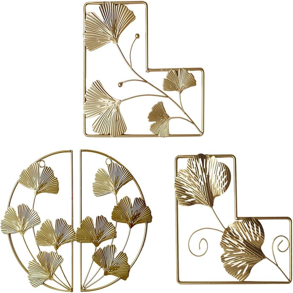 3pcs Ginkgo Leaf Sculpture Metal Wall Mounted Leaves Shape Ornament for Home Office Living Room Decorations - B