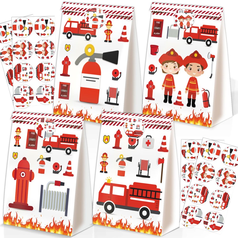 BQK 24pcs Firetruck Goodie Bags Fire Truck Birthday Party Supplies Firefighter Party Supplies Firetruck Birthday Decorations