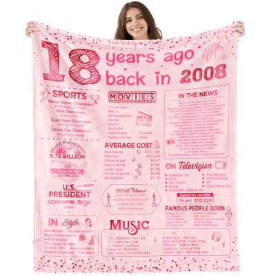 18th Birthday Gifts for Girls Happy 18th Birthday Decorations for 18 Year Old Girl Birthday Gift Ideas for Daughter Sister Bestie Soft Throw Blanket Back in 2008-60x50 Inch - Pink