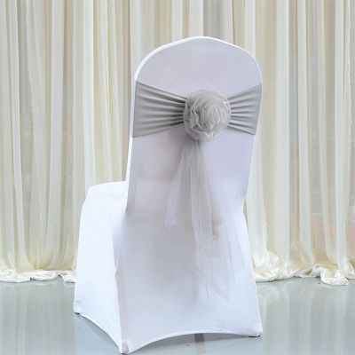 Pack of 12 Flower Chair Belt Spandex Stretch Chair Sashes Organza Ribbon Floral for Wedding Party Birthday Party Dance Party Celebration Chair Decoration Silver