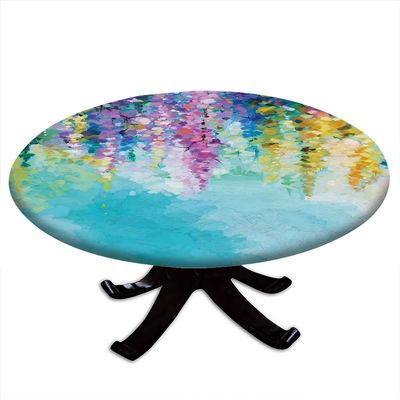 Flower Round Table Cloth, Abstract Ivy Romantic and Landscape Spring Floral Artwork Nature Theme, Elastic edge, Suitable for dining tables, self-service parties and camping, Fit for 24" table, Purple