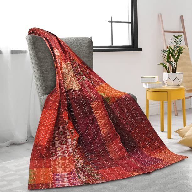 DecorAvenue Indian Silk Patola Patchwork Kantha Quilt Bedspreads Throw Blanket Bohemian Bedspread Bohemian Bedding Handmade Kantha Quilt (Red, Baby 50" x 70")
