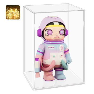 LANSCOERY Acrylic Display Case, 8x8x10 in, Upgraded Thickened UV-Resistant Showcase, 98% Clarity Dustproof Box with Glossy White Base for Action Figures, LEGO & Models, Includes Scraper & LED Light