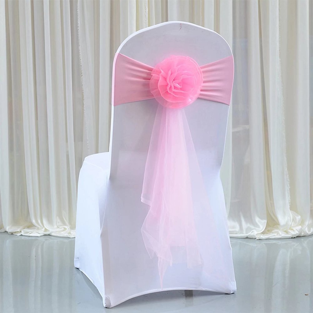 Pack of 50 Flower Chair Belt Spandex Stretch Chair Sashes Organza Ribbon Floral for Wedding Party Birthday Party Dance Party Celebration Chair Decoration Pink